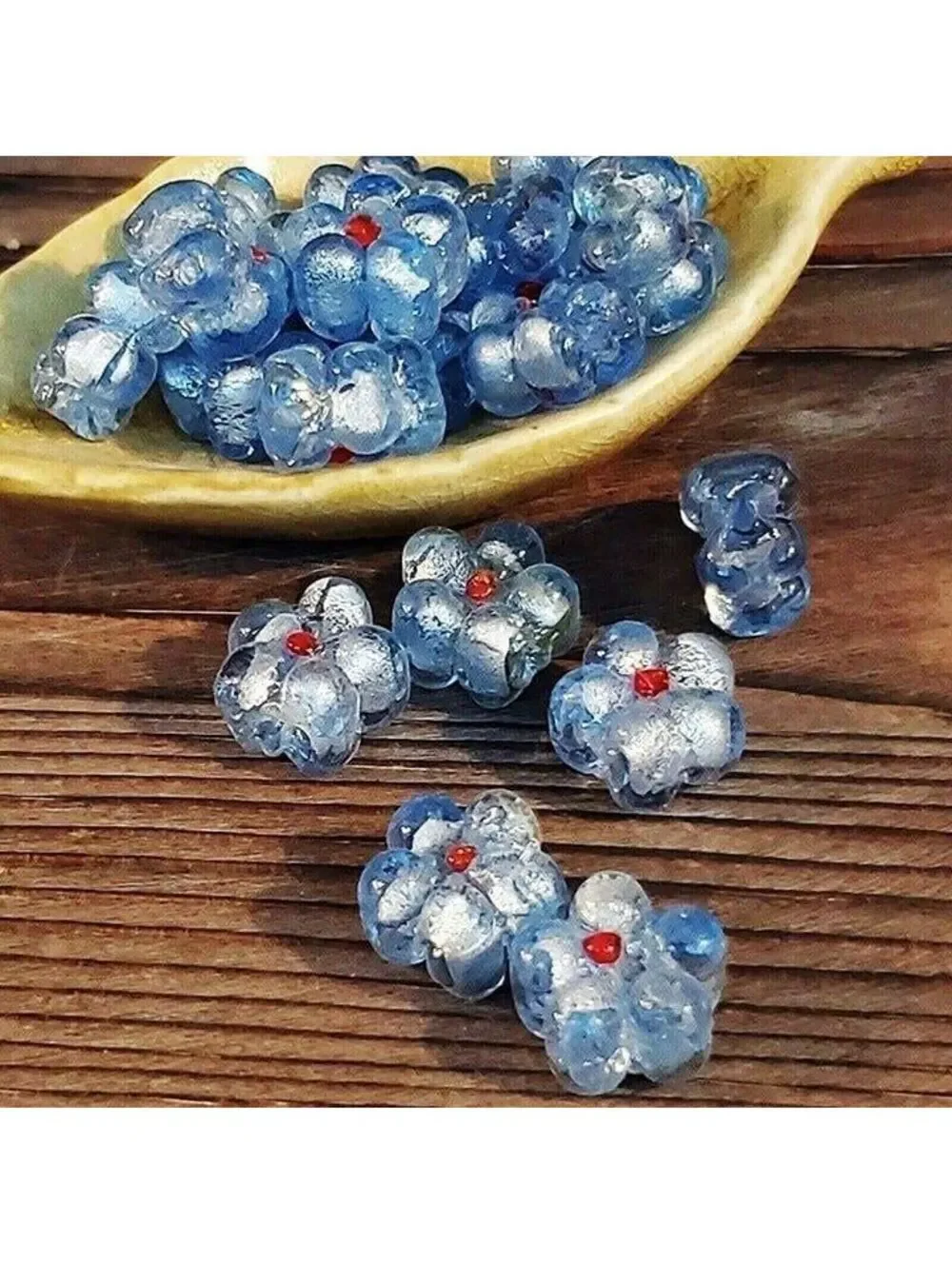 5 Vintage India Glass Icy Blue Flower Beads with Silver Foil
